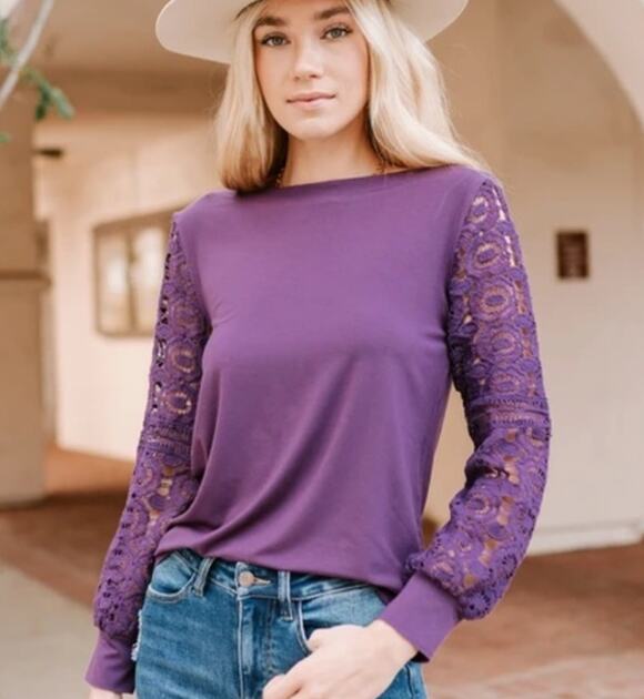 Amaryllis Tops - AMARYLLIS Crochet Lace Long Sleeve Blouse Pullover Crewneck Purple Plus Size 1XL